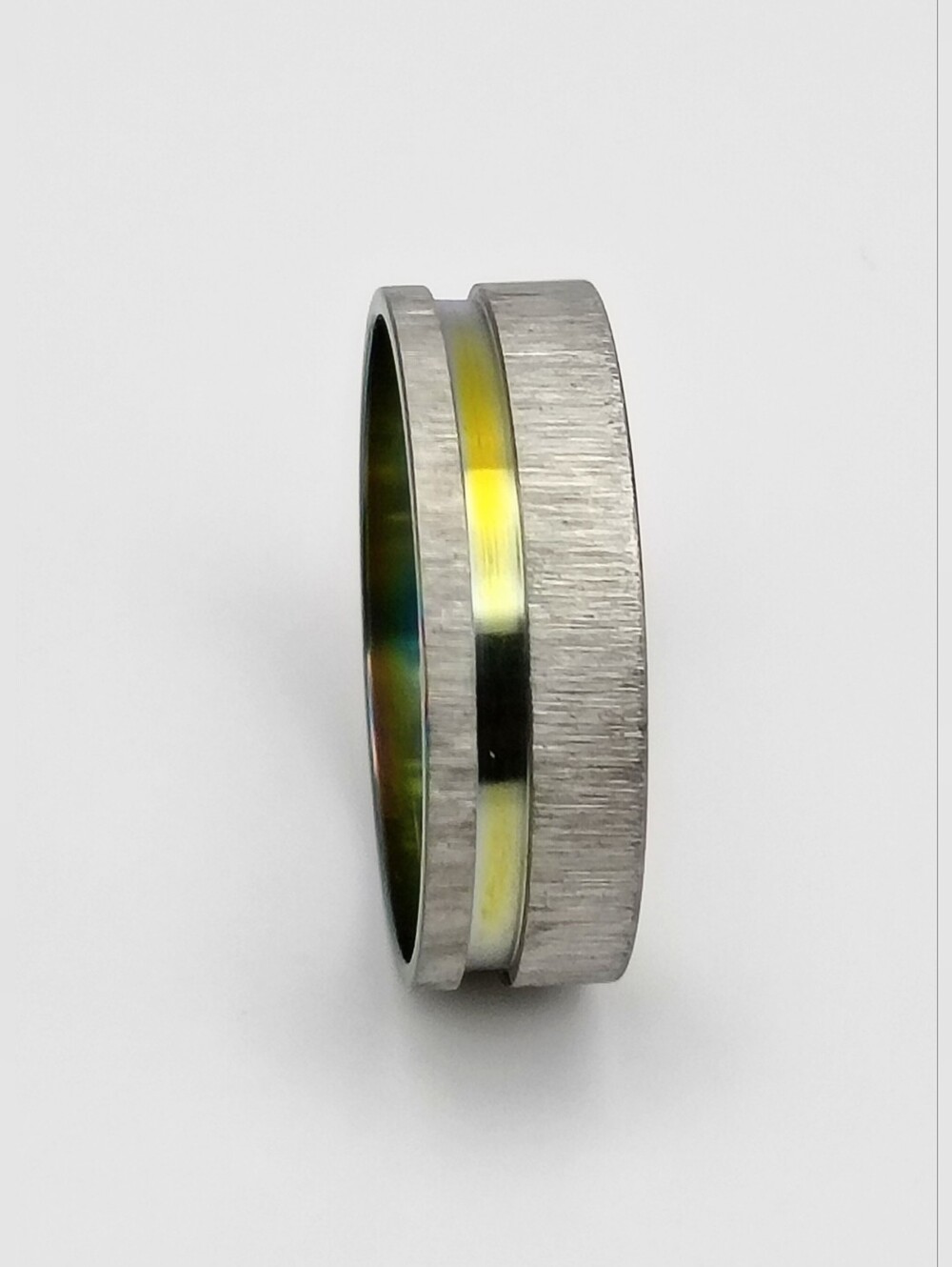 Brushed Stainless Steel Steel Ring with Yellow Inlay Size 11.5
